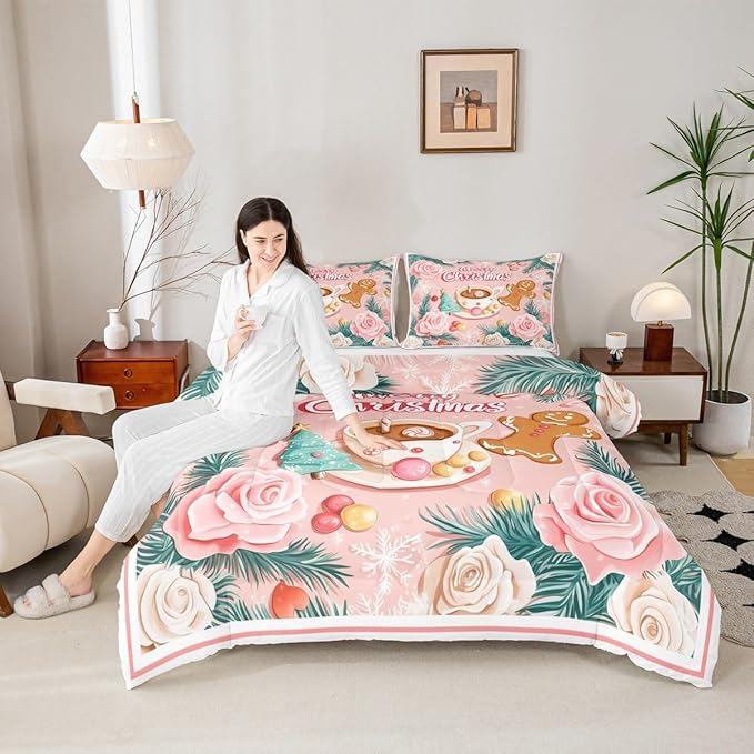 Feelyou Christmas Tree Comforter Set All Season Gingerbread Man Bedding Set with 2 Pillow Cases Merry Christmas Microfiber Kids Queen Bedclothes Xmas Bedroom Decor Duvet Quilt Soft Lightweight