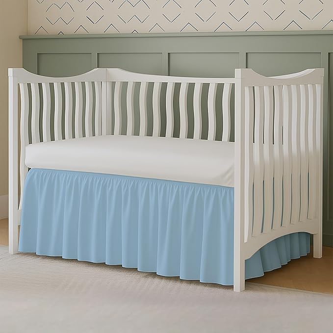 Crib Bed Skirt Dust Ruffle with Split Corners - 100% Cotton - Nursury Standard Crib Bedding Toddler Bedskirt for Baby Boys or Baby Girls - 14" Drop - Light Blue Crib Skirt