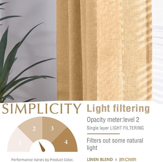 jinchan Linen Blend Curtains 63 inch Length 2 Panels for Bedroom Living Room, Semi Sheer 50 inch Wide Farmhouse Cottage Core Style Drapes with Rod Pocket Back Tab(50W x 63L, Mustard Yellow)