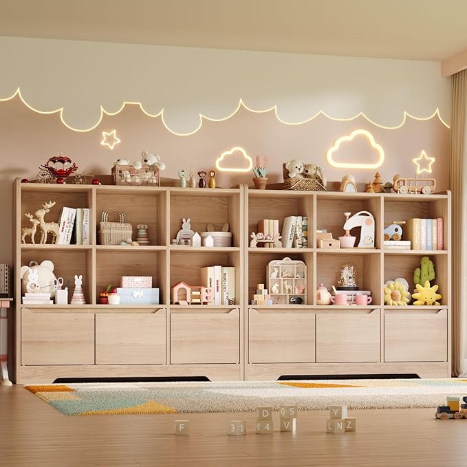 Kids Bookshelf and Toy Organizer, 2 Tier Kids Book Shelf for Kid Rooms with 2 Doors, 6 Cubes Storage Organizer,Wood Children Bookcase,Freestanding Toddler Book Display Shelf for Playroom