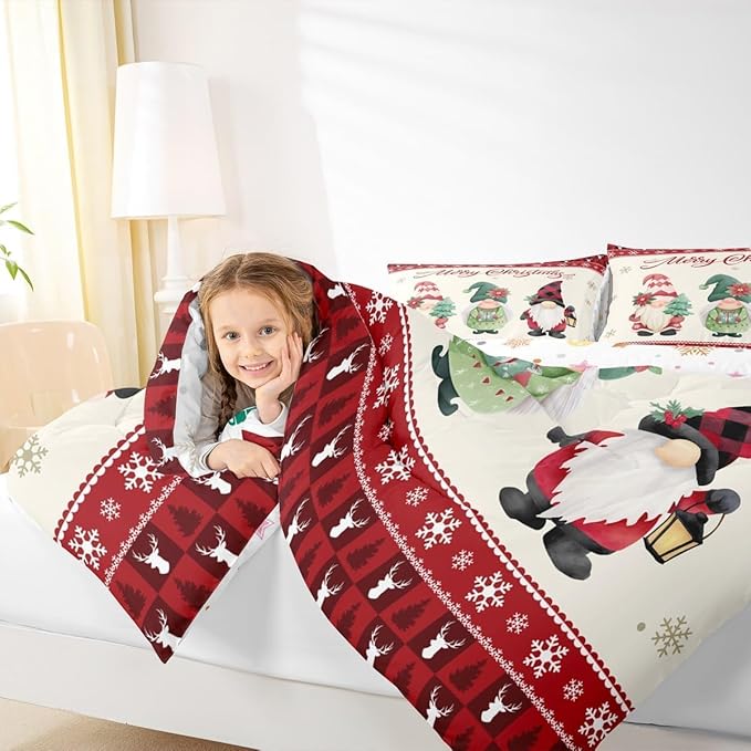 Merry Christmas Kids Comforter Set Queen Size,Deer Antler Santa Claus Bedding,Girls Boys Adults Bedroom/Xmas Cabin Decor,Snowflake Pine Trees Plaid Down Comforter,Rustic Duvet Insert,2 Pillowcases
