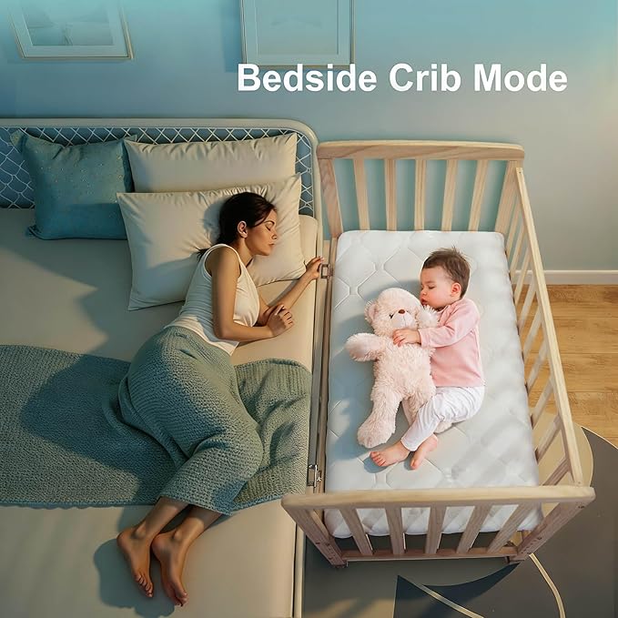 Portable Mini Baby Crib - Convertible Baby Cribs with Soft Foam Mattress(33 * 20"),6 Heights Bedside Bassinet Sleeper,Wheeled Bedside Crib Co Sleeper for Small Space,Unpainted
