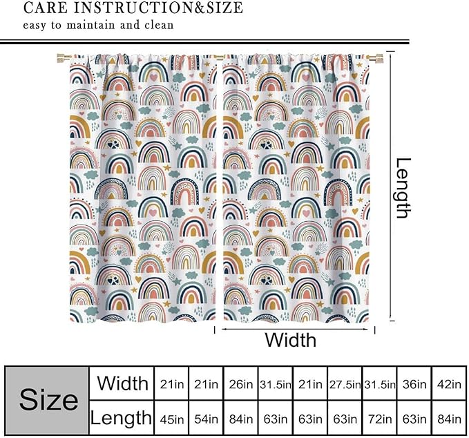 Kids Rainbow Curtains Boho Cartoon Colorful Stars Love Heart Lovely Abstract Art Pattern Print Window Drapes for Girl Bedroom Living Room Kitchen Decor,2 Panel Set,72Wx63H Inch Blackout