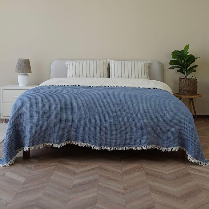 Christmas Muslin Comforter – Cotton Muslin Blanket with Soft Fiber Filling, Breathable & Cozy Muslin Throw Blanket, Reversible Holiday Quilt (Dusty Blue, King (U.S. Standard))