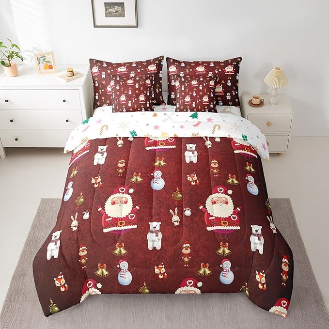 Christmas Kids Bed Set Cute Snowman Santa Claus Decorations Bed in a Bag Boys Girls Bear Rabbit Comforter Set with Sheets Christmas Bells Cartoon Design Bedding Set Bedroom Collection Queen Size