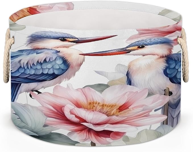 Watercolor Bird Flower Round Storage Basket for Laundry & Toys, Lightweight Fabric Laundry Hamper with Handles, Foldable Large Organizer Bin for Bedroom Bathroom Nursery Dorm