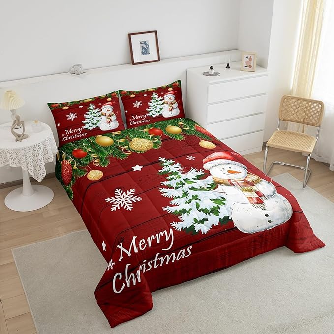 Manfei Christmas Comforter Set Twin Size, Cute Snowman Tree Print Quilt Set with 1 Pillowcase, New Year Theme Rustic Style Xmas Bedding Set 2pcs for Kids Boys Girls Bedroom Decor
