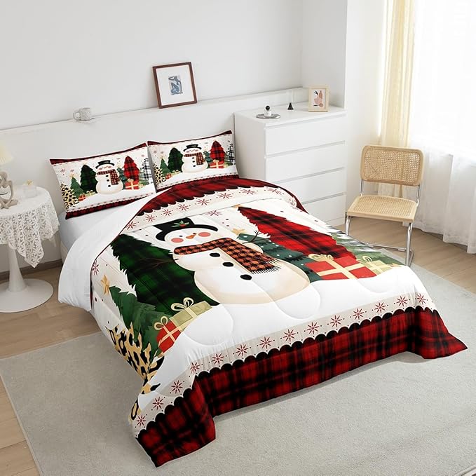Manfei Snowman Comforter Set Twin Size, Xmas Leopard Plaid Trees Snowflake Down Comforter with 1 Pillowcase, Christmas Theme Bedding Set 2pcs for Kids Girl Bedroom Decor New Year Duvet Insert