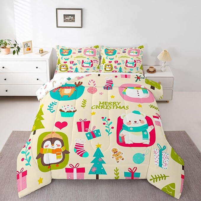 Erosebridal Merry Xmas Comforter Set Full Size Christmas Tree Quilt for Kids Boys Girls Cartoon Penguin Bear Bedding Set Cute Deer Elk Duvet Insert with 2 Pillow Cases