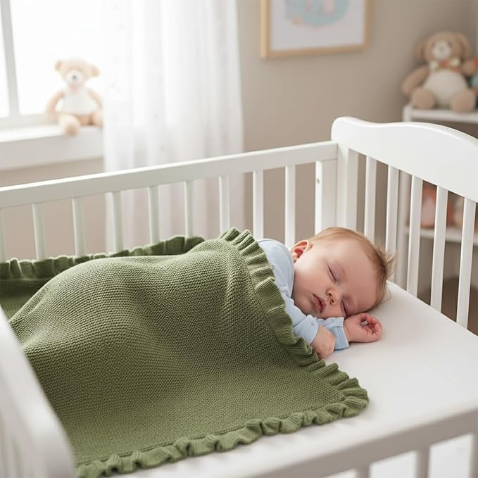 Cotton Baby Blanket with Ruffle Edge Soft Breathable Newborn Blanket for Boys & Girls, Lightweight Knit Throw for Crib, Stroller & Nursery Multiple Colors Available Sage Green 30x30
