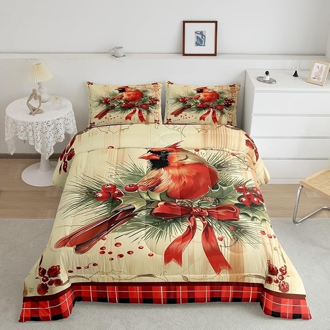 jejeloiu Kids Red Cardinal Comforter Set Full Size Christmas Red Black Plaid Bow Bedding Set for Boys Girls Teens Xmas Birds Animal Winter Wood Plank Duvet Quilt Room Decor