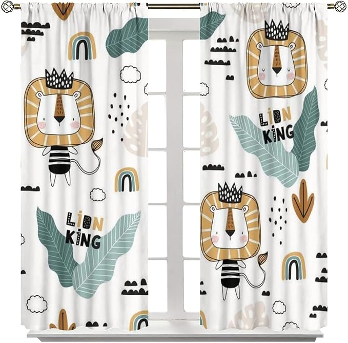 Cartoon Little Lion King Window Curtains for Baby Child,Cute Funny Forest Animals,Tropical Jungle Leaves Wildlife Boho Rainbow Print Blackout Drapes for Nursery Boys Girls Kids Bedroom 42x54 Inch