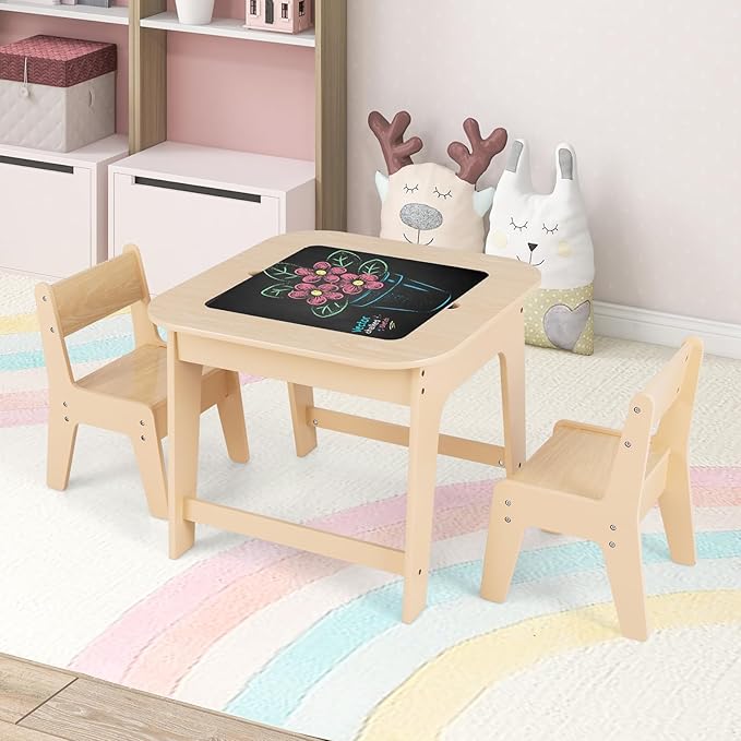 INFANS Kids Table and Chair Set, 3 in 1 Wooden Activity Table with Removable Tabletop, Blackboard and Whiteboard for Toddlers Arts Crafts Drawing Reading Playing, Playroom Nursery (Natural)