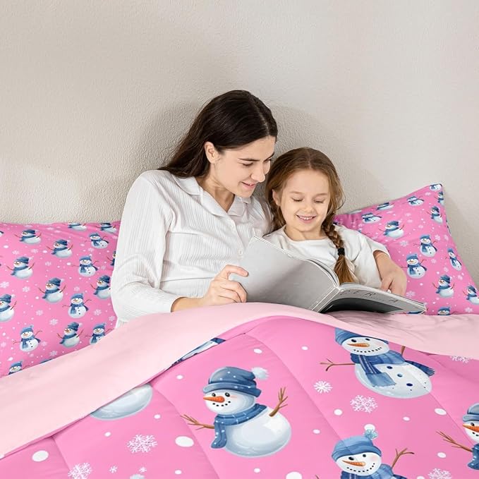 jejeloiu Kids Cute Winter Snowman Comforter Set Queen Size Pink Christmas Theme Bedding Set for Boys Girls Teens Xmas Snowflake Happy New Year Duvet Quilt Room Decor