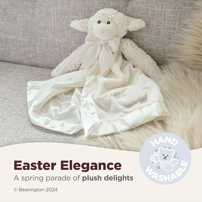 Bearington Baby Lamby Snuggler - 15" White Lamb Plush Lovey for Babies - Soft Stuffed Animal Security Blanket with Satin Bow and Embroidered Eyes - Sweet Baptism Gift Blanket for Boys and Girls