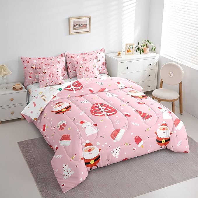 Feelyou Santa Claus Bed in a Bag Cute Rabbit Kawaii Pink Comforter Set with Sheets for Kids Boys Girls Decor Merry Christmas Bed Set Girly Pink Bedding Set Bedroom Collection Queen Size