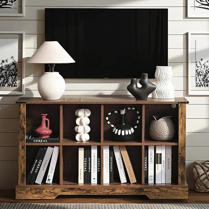 8 Cube Storage Organizer, Wood Cube Bookshelf with LED Lights, Horizontal Storage Cubes, Kids Bookshelf, Display Cabinet Cubby Shelf for Living Room Home Office Bedroom, Brown