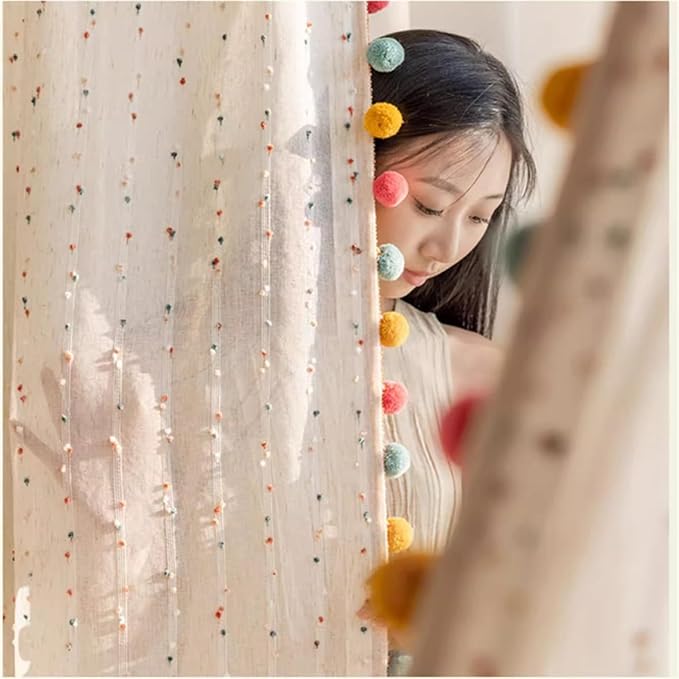 Boho Rainbow Sheer Curtain with Colorful Pom Pom Voile Drapes Light Filtering Faux Linen Stripe Pompom Rod Pocket Window Drapes for Boys/Girls Bedroom/Nursery 2 Panels (W78 X L102 Inch-2PCS,White)