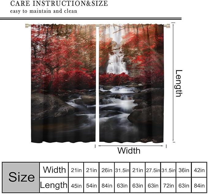 Nature Waterfall Blackout Curtains, Autumn Waterfall Romantic Forest Landscape Print Rod Pocket Window Drapes, for Bedroom Living Room 63" W X 63" L