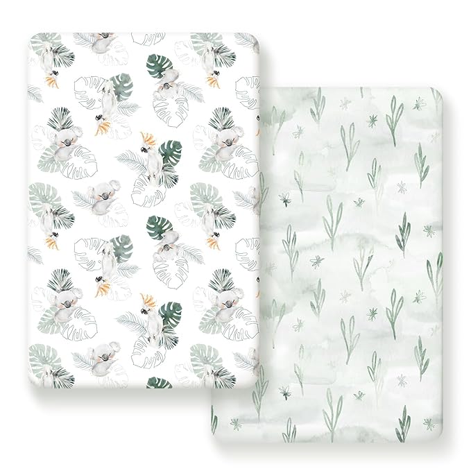 GRSSDER Stretch Ultra Soft Jersey Knit Fitted Pack n Play Playard Sheets Set 2 Pack，Fits Portable/Mini Cribs Sheets, Playards Mattress Pads, Stylish Watercolor Animals for Baby, Mint Green