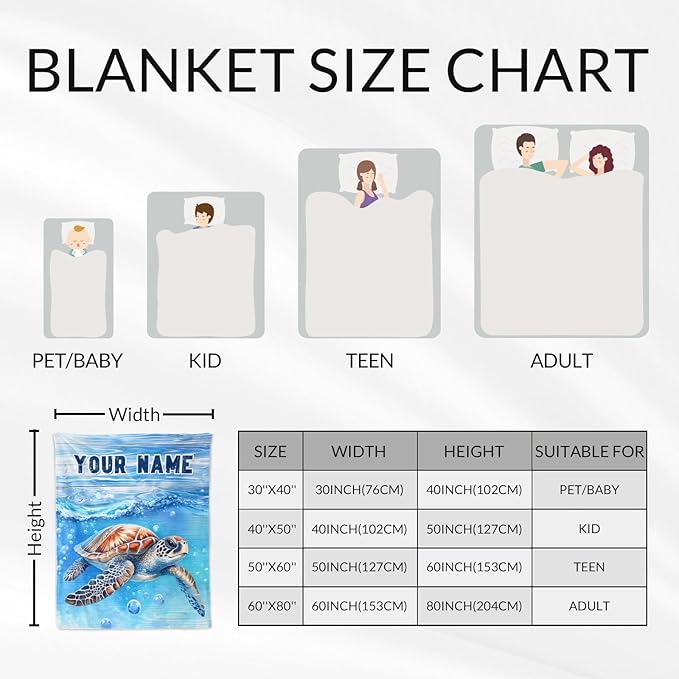 Personalized Turtle Stuff for Kids - 30" x 40" Inches Cute Throw Blanket for Girls Boys - Blue Lightweight Furry Blankets for Sofa, Lap & Office