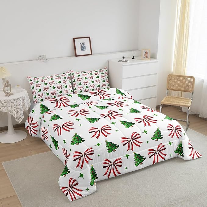 Manfei Merry Christmas Comforter Set Toddler Size, Red Bow Green Tree Bedding Set 2pcs, New Year Theme Down Comforter for All Season, Kids Girls Room Decor, Lightweight Duvet Insert, 1 Pillowcase