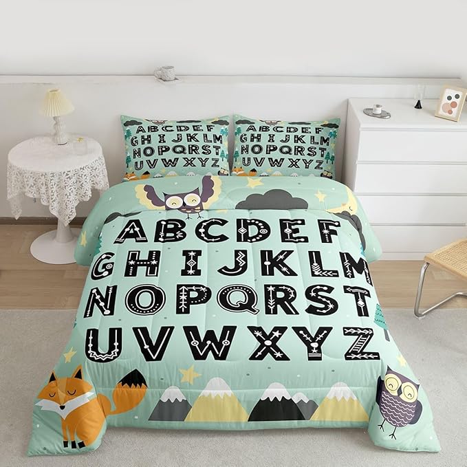 Feelyou Alphabet Kids ABC Learning Comforter Set All Season Cute Fox Bedding Set with 1 Pillow Cases Educational Nursery Art Microfiber Kids Twin Bedclothes Woodland Animals Bedroom Decor Duvet Quilt