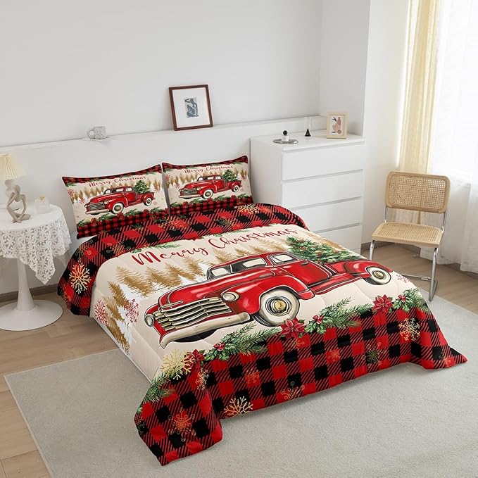 Erosebridal Merry Christmas Bedding Set Red Truck Queen Comforter Set for Kids Boys Girls Teens Room Decor,Xmas Tree Down Comforter Red Black Buffalo Plaid Decor Bed Set Car Printed Themed Quilt Set