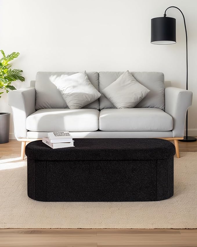 Storage Ottoman Bench, 43.3" Oval Upholstered Ottoman Foot Rest Foldable Boucle End of Bed Storage Bench for Living Room, Entryway, Black