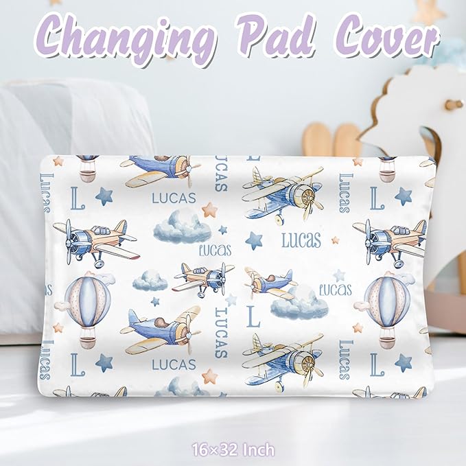 Personalized Baby Crib Bedding Set, 5 Pcs Custom Name Nursery Bedding Set for Girls Boys, Blue Plane Baby Crib Set for Toddlers Infants, Double Layer Bedding Crib Sets Customized Gifts