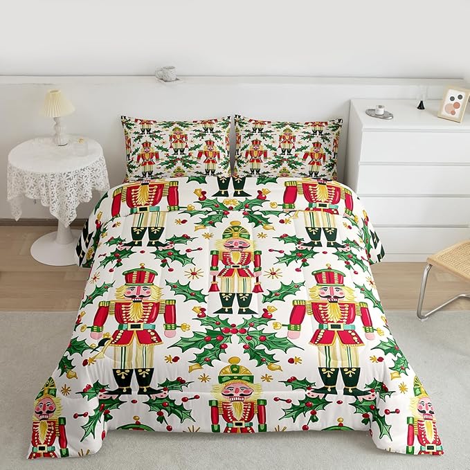 Feelyou Merry Christmas Bedding Set Soft for Boys Girls, Nutcracker Comforter Set Queen Size Holly Leaves Duvet Quilt Microfiber Red Berries Bedroom Decor 3 Pcs with 2 Pillow Cases