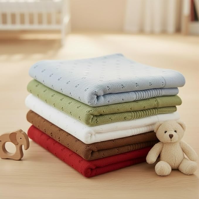 Baby Knit Blanket, 100% Cotton Eyelet Patterns, Soft, Cozy, Lightweight Swaddle for Newborn & Infant Swaddling Beige Neutral, Perfect Baby Shower Ideas Cream 30x30
