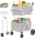 JIALIJIU 2-Tier Shopping Cart for Groceries, Folding Grocery Cart with 360° Rolling Wheels, Heavy Duty Utility Carts with 2 Waterproof Liners, Multi-Functional Trolley for Laundry, Household, White