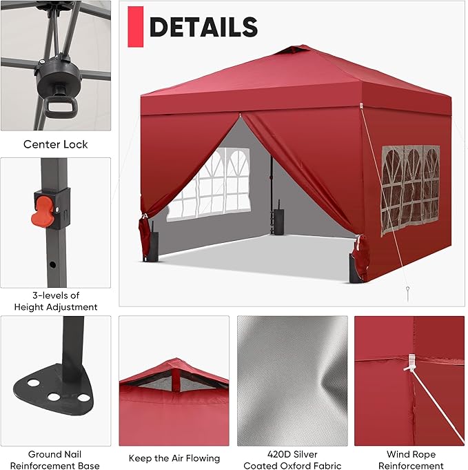 GDY 12x12 Pop Up Canopy Tent with 4 Sidewalls, Easy Set up with One Push Lift Outdoor Silver Coated Beach Gazebos, Carpas for Pool, Events, Parties, and Camping, Red.