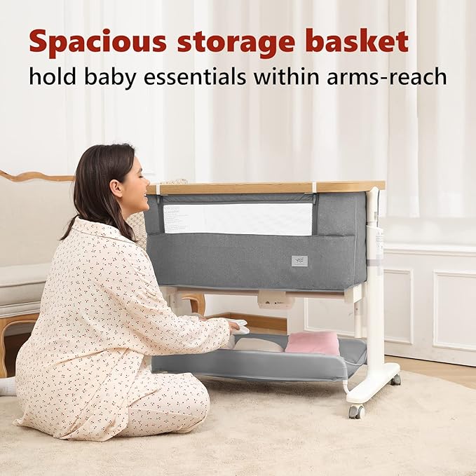 Rocking Bassinet for Baby 3 Motion Auto Rolling Newborn Cradle Electric Automatic Bedside Sleeper Rocks Itself 5 Height Adjustable with Music, Wheels, Storage, Light Grey
