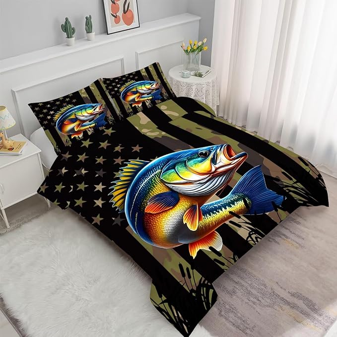 Fish American Flag Comforter Set Full/Queen Size Camouflage Bass Bedding Set for Men Boys Teens Fishing Lover Bedroom Green Farmhouse Bed Set Wild Quilted, 1 Comforter 2 Pillowcases
