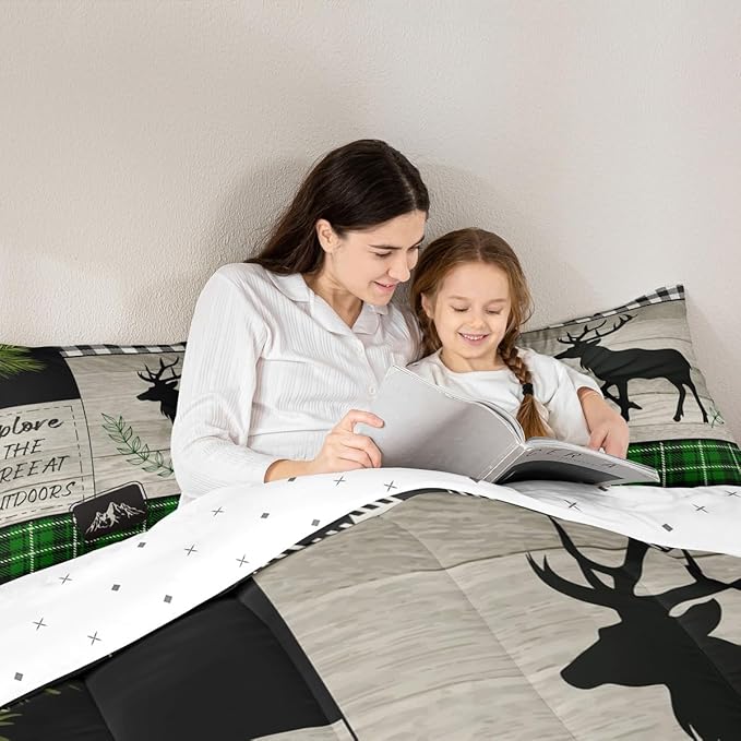 Elk Silhouette Kids Comforter Set Queen Size,Palm Leaves Old Plank Bedding,Girls Boys Adults Bedroom/Xmas Cabin Decor,Camper Explore Down Comforter,Geometric Grids Plaid Duvet Insert,2 Pillowcases