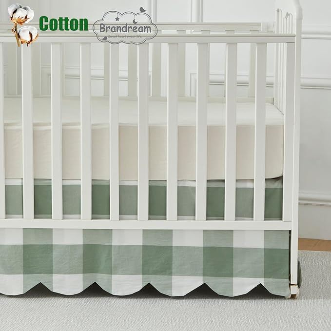 Brandream Scallop Edge Cotton Crib Skirt Toddler Bedskirt Baby Nursery Crib Bed Skirt Boho Bohemian Neutral Solid Color Sage Green Buffalo Plaid Gingham Farmhouse Chic Bedding Skirt