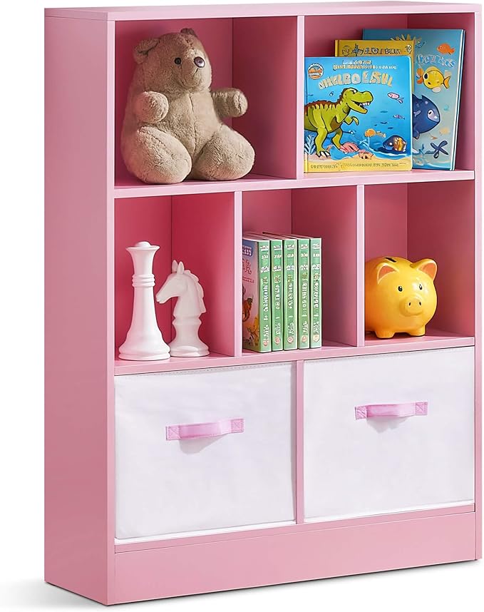 ivinta Toy Storage Organizer for Kids, 7-Cube Wooden Storage Cabinet with Collapsible Fabric Drawers for Children, 3-Tier Bookshelf for Playroom Nursery Bedroom Living Room (Pink)