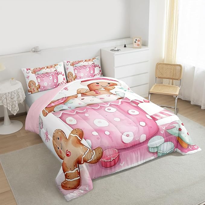 Feelyou Christmas Bedding Set Soft for Boys Girls, Pink Gingerbread Comforter Set Toddler Size Christmas Decor Duvet Quilt Microfiber Xmas Bedroom Decor 2 Pcs with 1 Pillow Cases