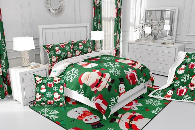 jejeloiu Merry Christmas Comforter Set Queen Size Xmas Santa Claus Bedding Set for Kids Boys Girls Cute Snowman Duvet Quilt Green Bedroom Decor