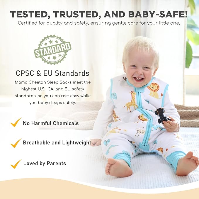 Mama Cheetah Toddler Sleep Sack with Feet, 6-18 Month, 2.5 TOG Organic Cotton Baby Sleeping Bag with Legs, Baby Wearable Blankets for Walkers w/ 2-Way Zipper, Baby Sleep Sack for Girls & Boys, Small