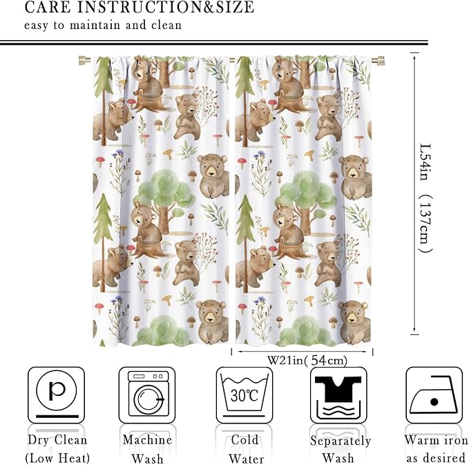 Forest Animal Curtains,Kids Home Bedroom Window Treatments, Cartoon Watercolor Bear Squirrel Woodland Animal Drapes 42x54 Inch