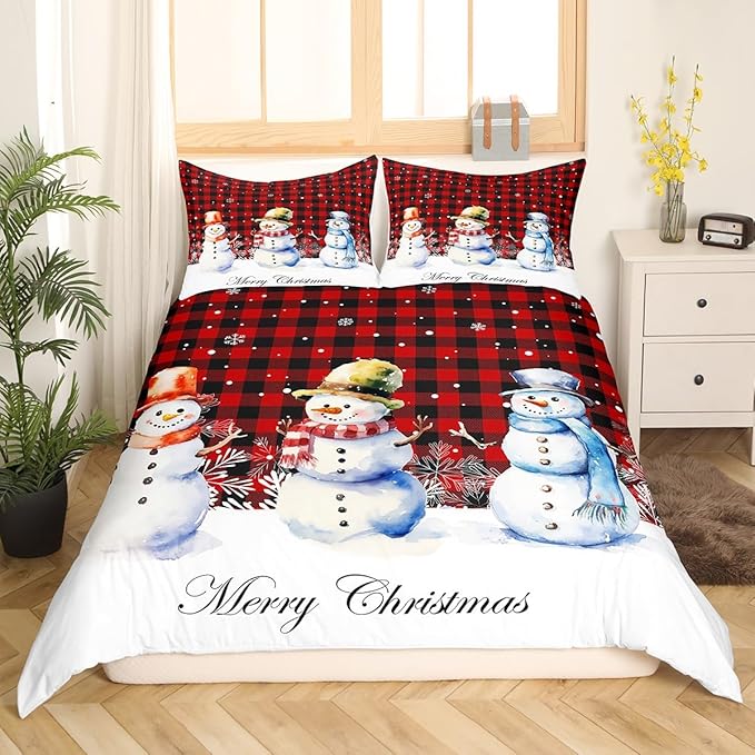 Xmas Snowman Duvet Cover Set Twin Size, Christmas Bedding Set 2pcs for Kids Boys Girls Bedroom Decor, Red Black Plaid Print Comforter Cover with 1 Pillowcase,Snowflake Print Quilt Cover,No Comforter