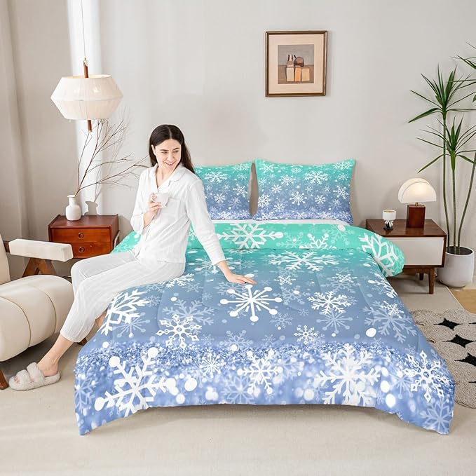 Feelyou Winter Snowflake Kids Comforter Set Toddler Size Christmas Bedding Set Winter Holiday Duvet Quilt for Kids Boys Girls Bedroom New Year Decor Microfiber Ultra Soft Breathable