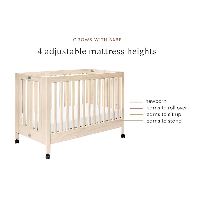 babyletto Maki Full-Size 2-in-1 Portable Folding Crib with Toddler Bed Conversion Kit in Washed Natural, Greenguard Gold Certified