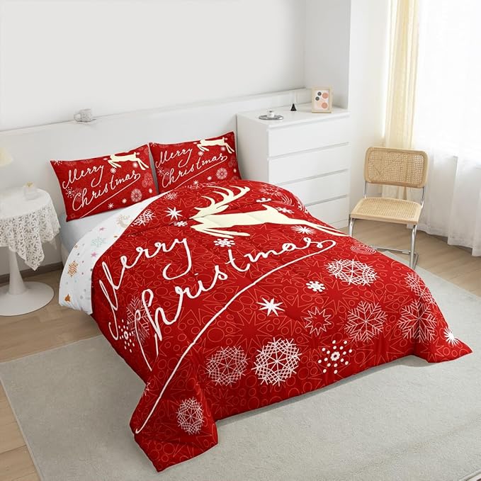 Merry Christmas Kids Comforter Set Full Size,Deer Animal Silhouette Bedding,Girls Boys Adults Bedroom/Xmas Cabin Decor,Snowflake Dot Graffiti Down Comforter,Red Romantic Duvet Insert,2 Pillowcases
