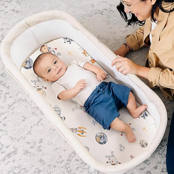 GRSSDER Stretchy Ultra Soft Fitted Bassinet Sheet Set 2 Pack, Universal Fit for Bassinets Baby Cradle Moses Basket Oval Rectangle Mattress Safe and Snug, Sea Fish & Space Stylish Print