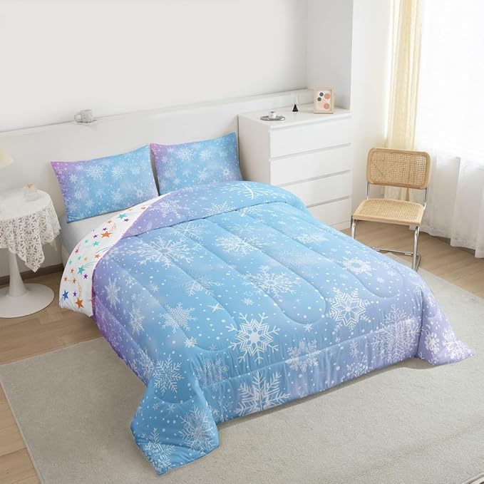 Feelyou Christmas Comforter Set All Season Winter Snowflake Bedding Set with 1 Pillow Cases Blue Purple Gradient Microfiber Kids Toddler Bedclothes Bedroom Decor Duvet Quilt Breathable Soft