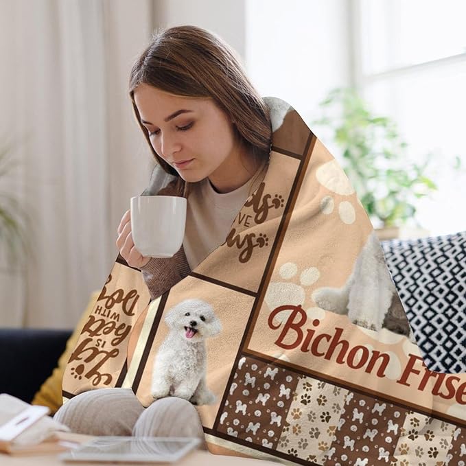 Bichon Frise Dog Print Blanket Best Dog Pet Animal Throw Blankets for Couch Sofa Stuff Decor Gifts Lightweight Soft Cozy Fleece Plush Warm Flannel Bedding for Lover Man Woman Teen Adults 50"x60"